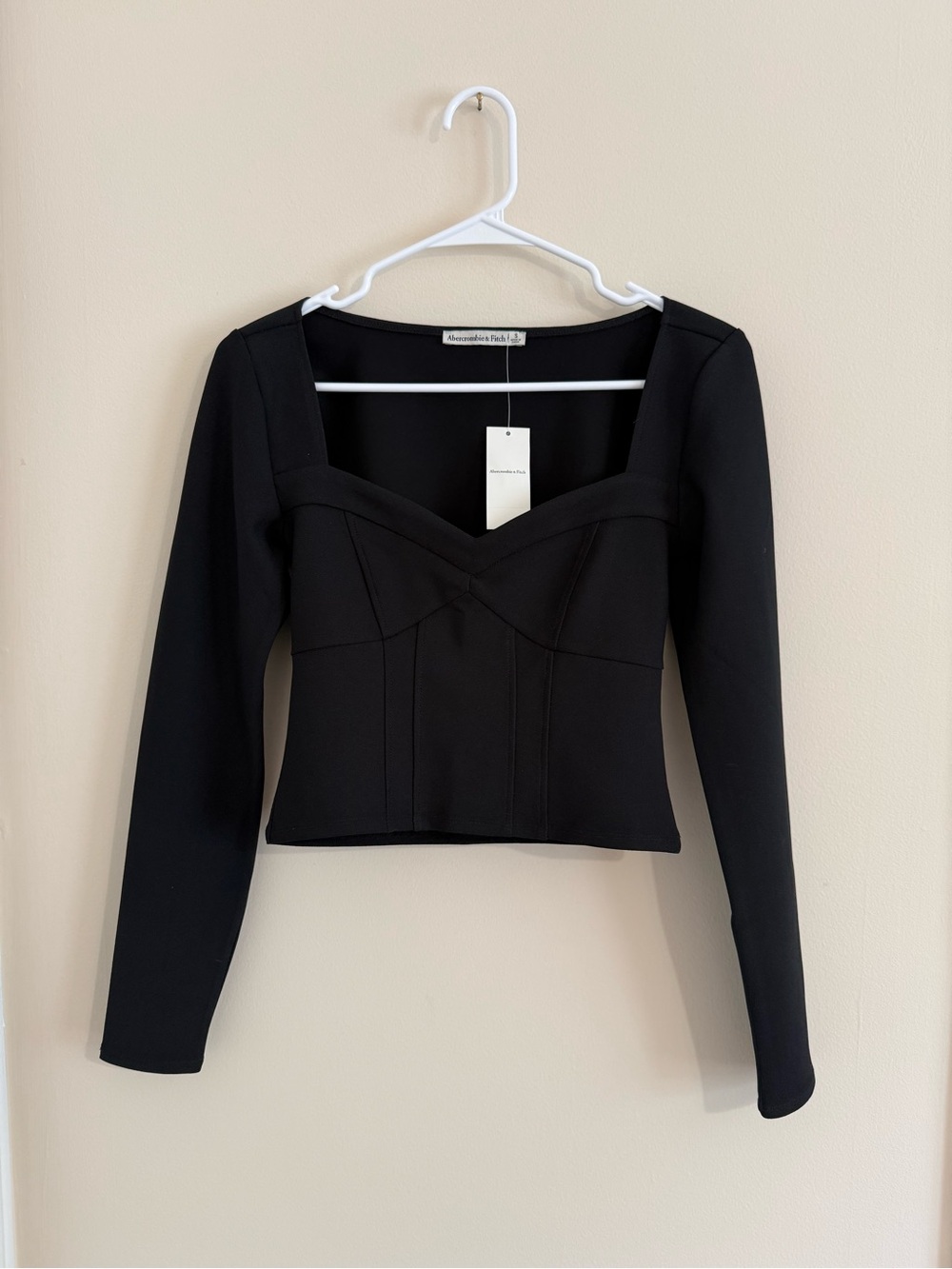 NWT Abercrombie & Fitch Black Sweetheart-Neck Long Sleeve Crop Top Small Corset - Picture 2 of 14